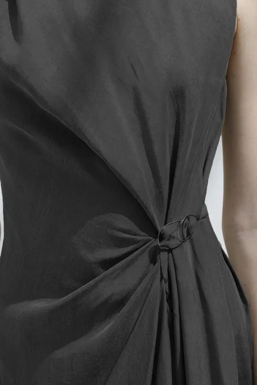 Bayan Antrasit Tencel Drape Detaylı Midi Elbise - BSL