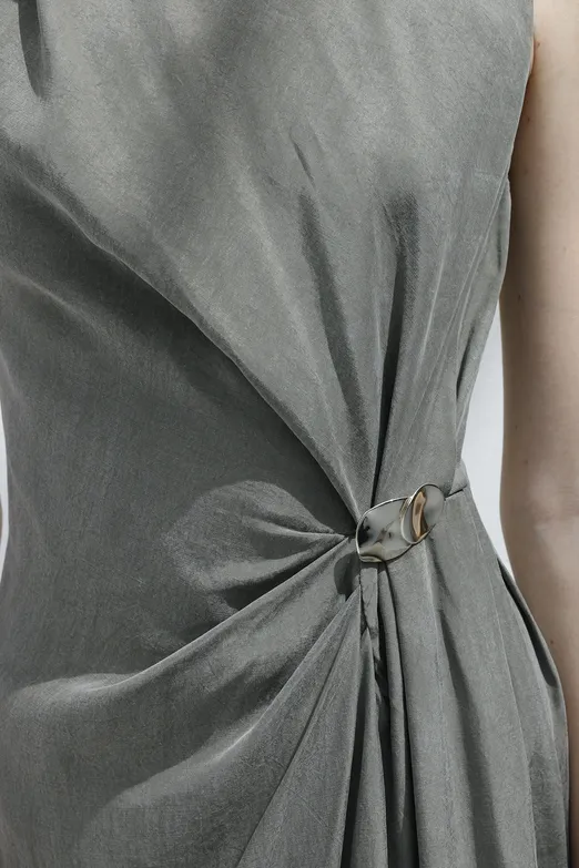 Bayan Haki Tencel Drape Detaylı Midi Elbise - BSL