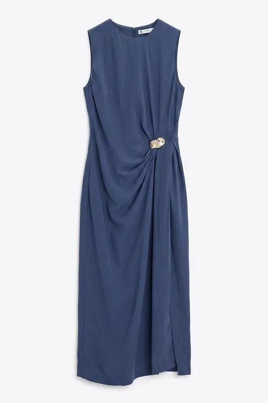 Bayan İndigo Tencel Drape Detaylı Midi Elbise - BSL