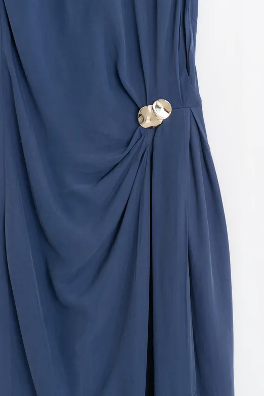 Bayan İndigo Tencel Drape Detaylı Midi Elbise - BSL
