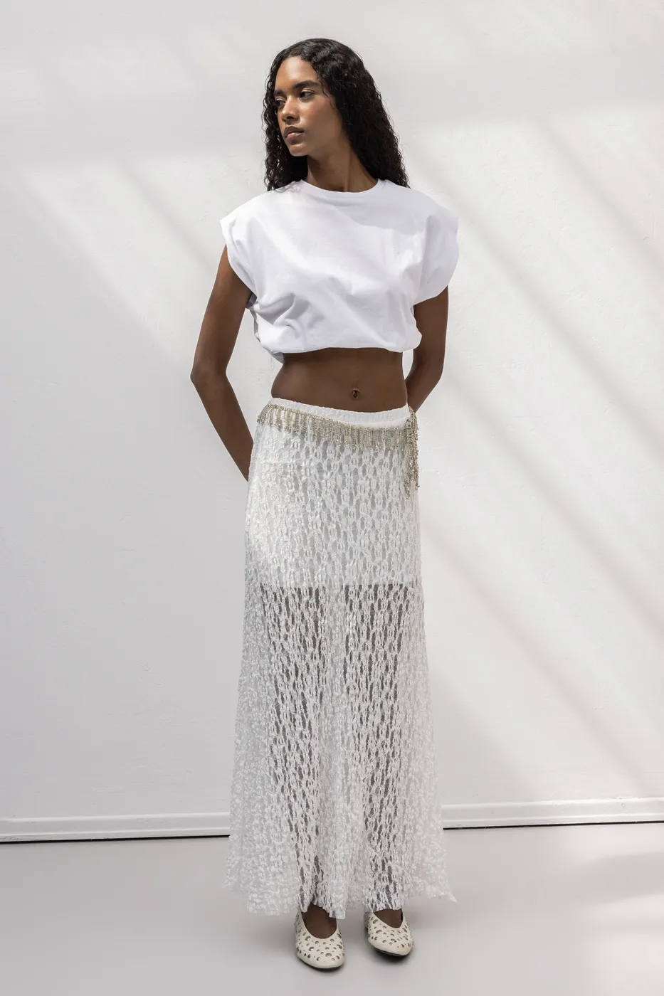 Bayan Beyaz Volanlı  Dantel Midi Etek