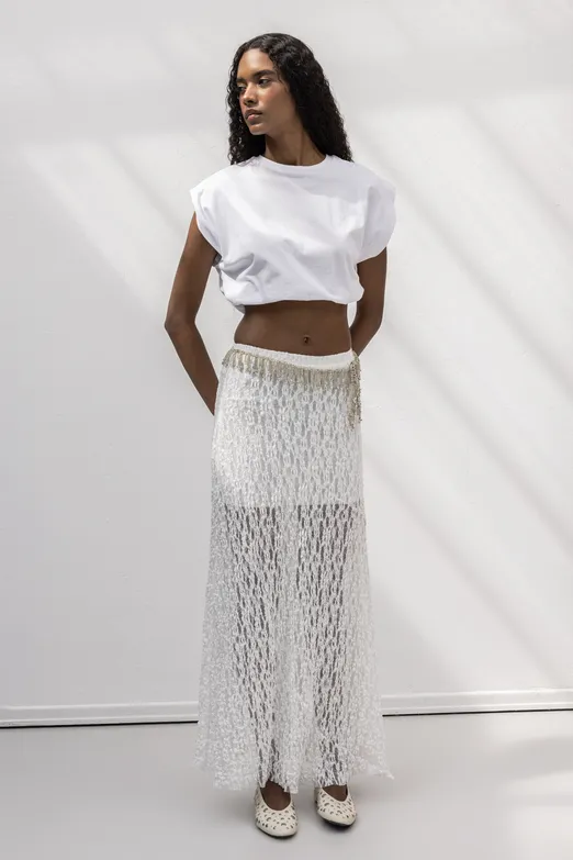 Bayan Beyaz Volanlı  Dantel Midi Etek - BSL