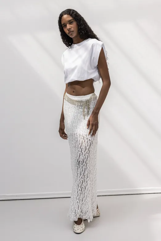 Bayan Beyaz Volanlı  Dantel Midi Etek - BSL