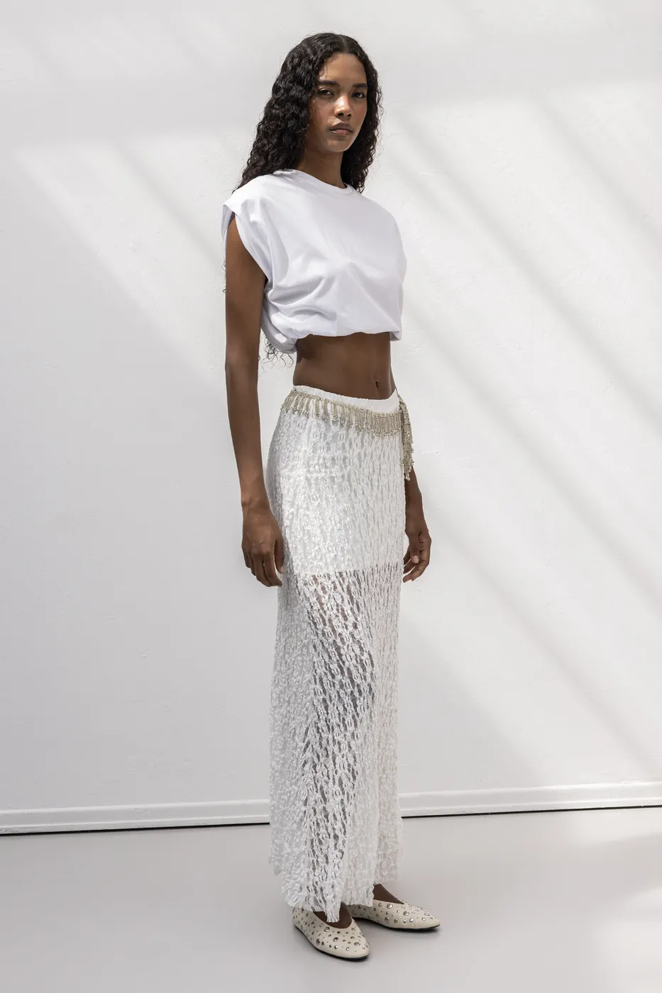 Bayan Beyaz Volanlı  Dantel Midi Etek