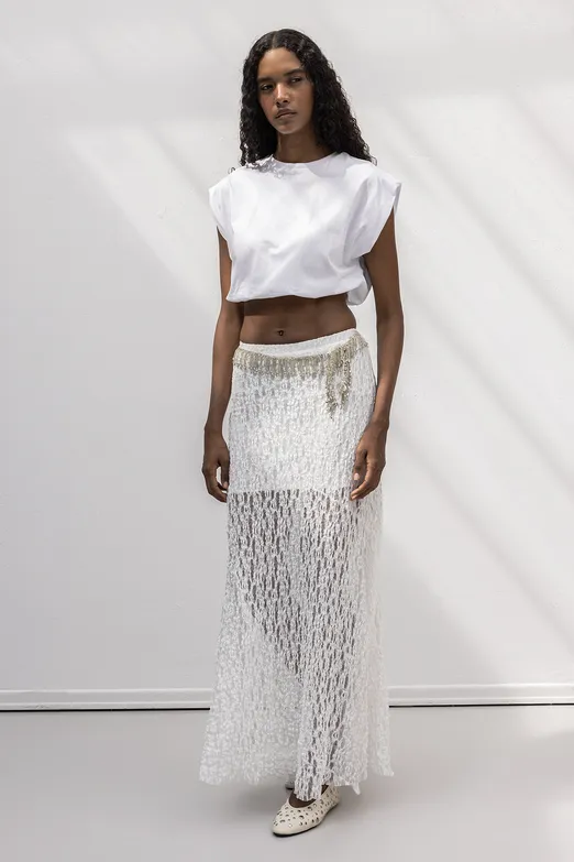 Bayan Beyaz Volanlı  Dantel Midi Etek - BSL