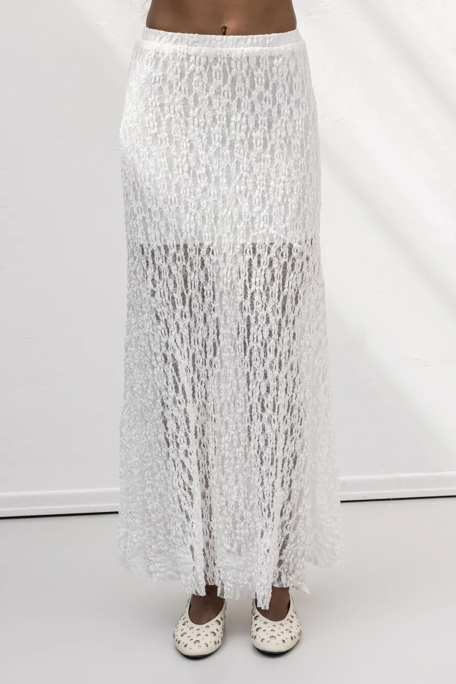 Bayan Beyaz Volanlı  Dantel Midi Etek