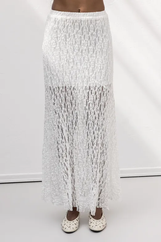 Bayan Beyaz Volanlı  Dantel Midi Etek - BSL