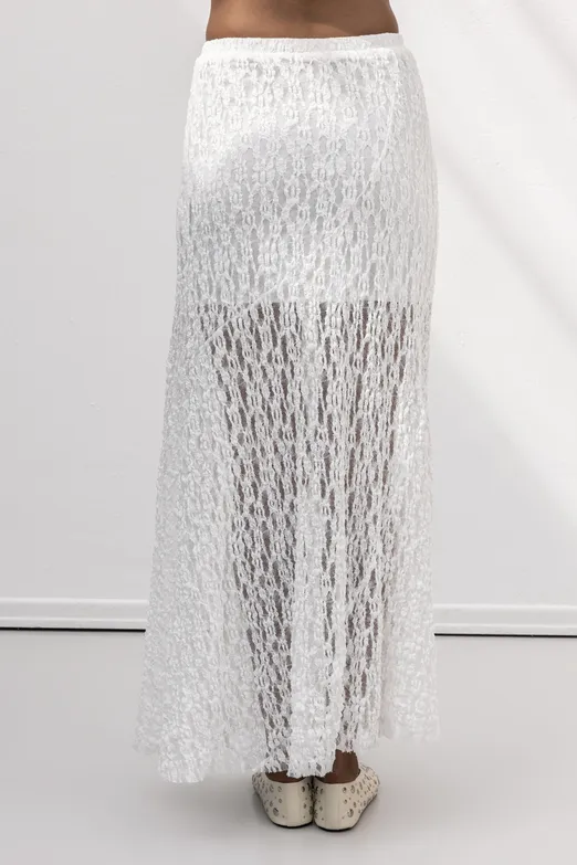 Bayan Beyaz Volanlı  Dantel Midi Etek - BSL