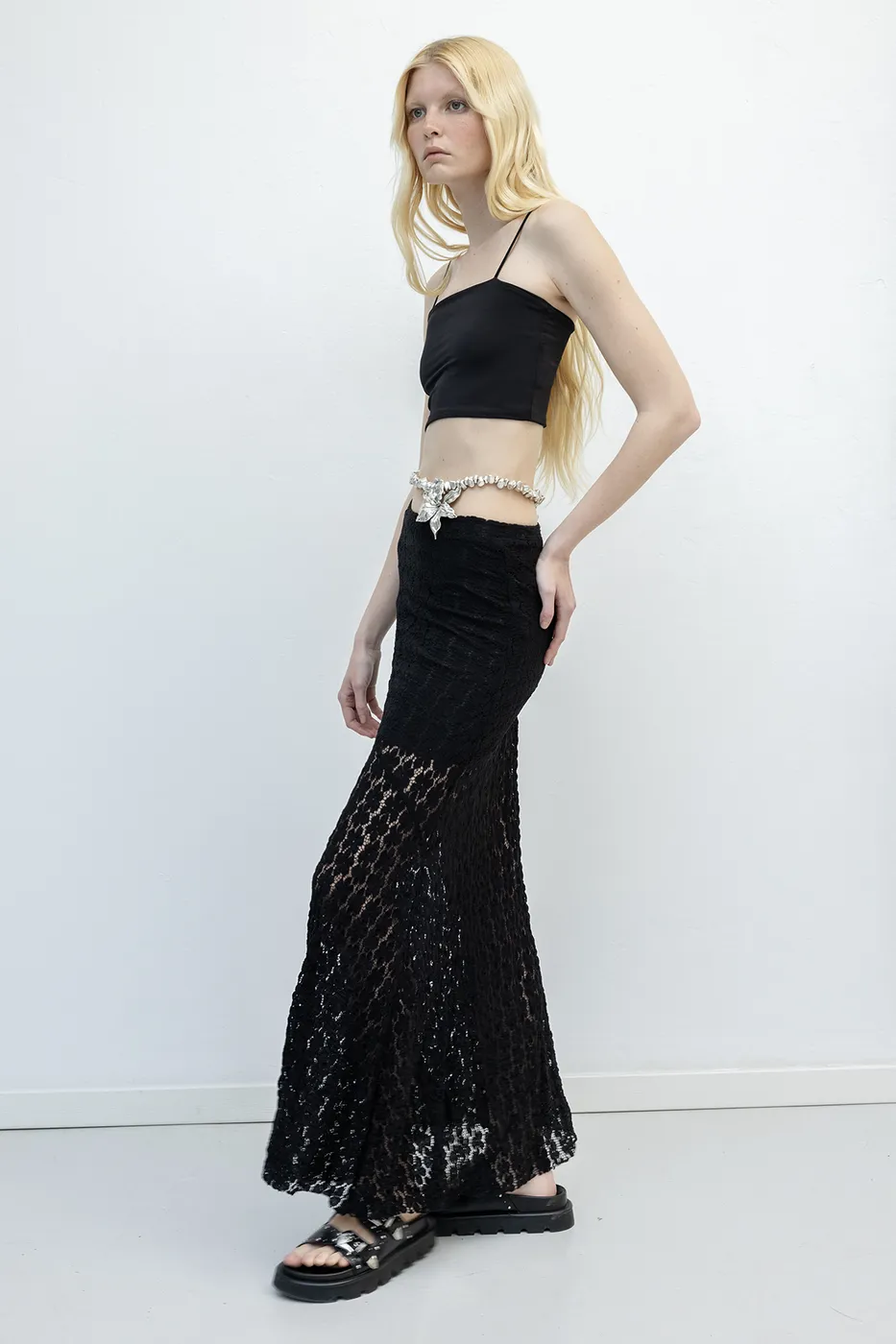 Bayan Siyah Volanlı  Dantel Midi Etek