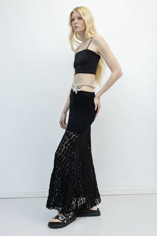 Bayan Siyah Volanlı  Dantel Midi Etek - BSL