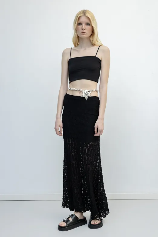 Bayan Siyah Volanlı  Dantel Midi Etek - BSL