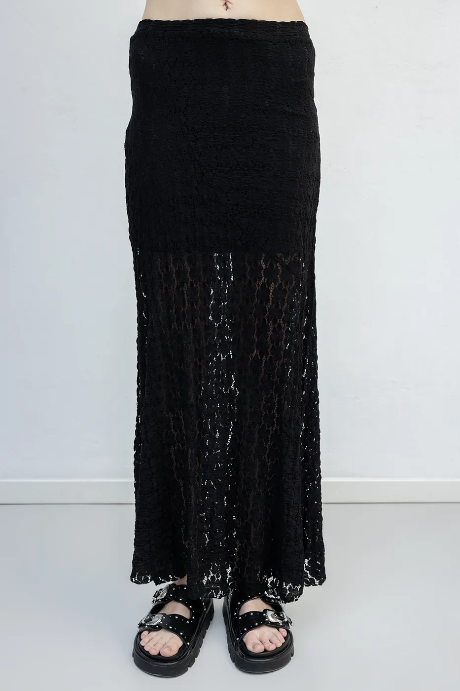 Bayan Siyah Volanlı  Dantel Midi Etek