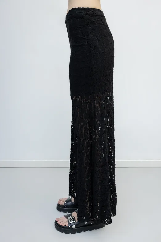 Bayan Siyah Volanlı  Dantel Midi Etek - BSL