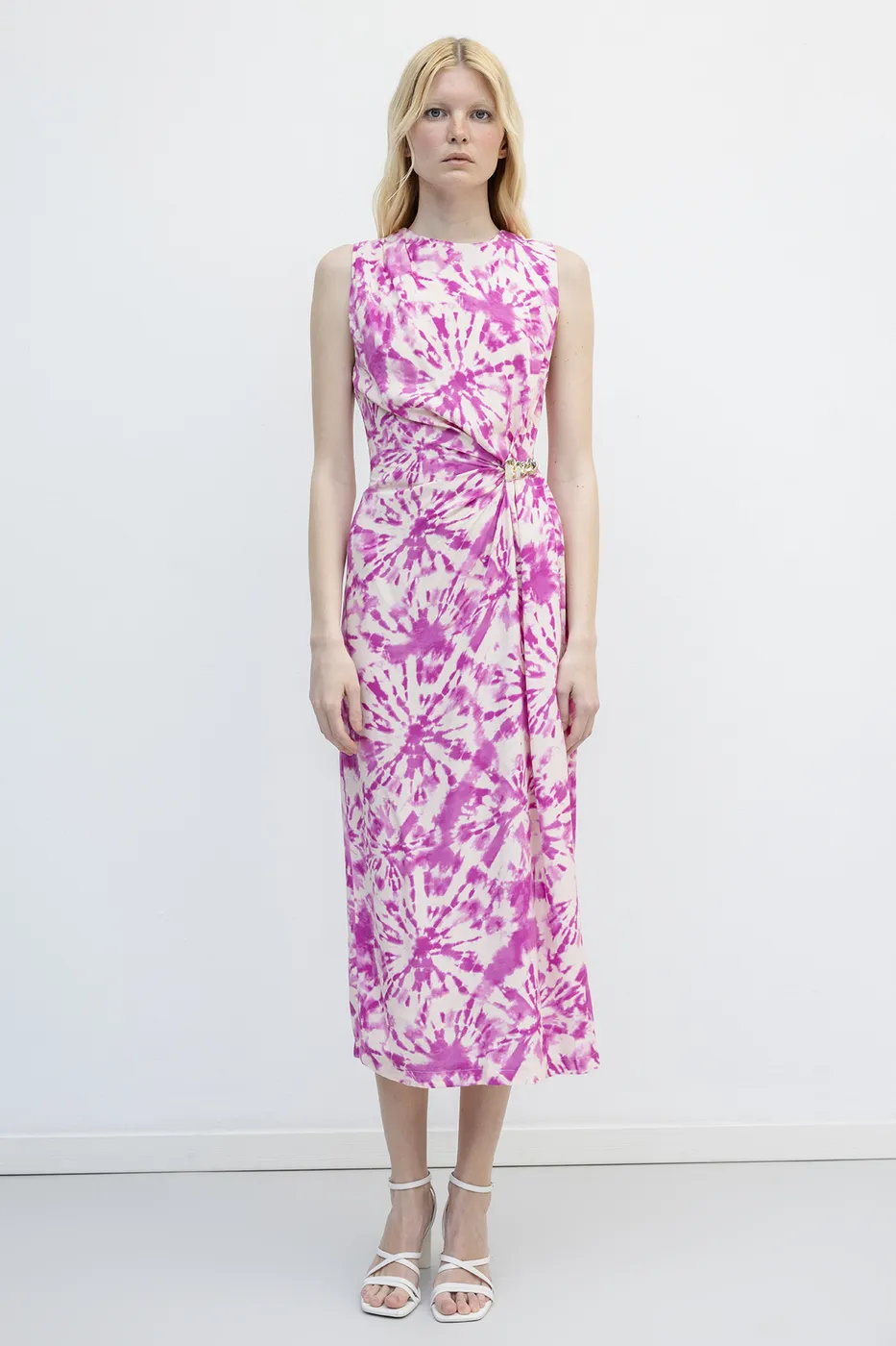 Bayan Pembe Keten Karışımlı Drape Detaylı Midi Elbise