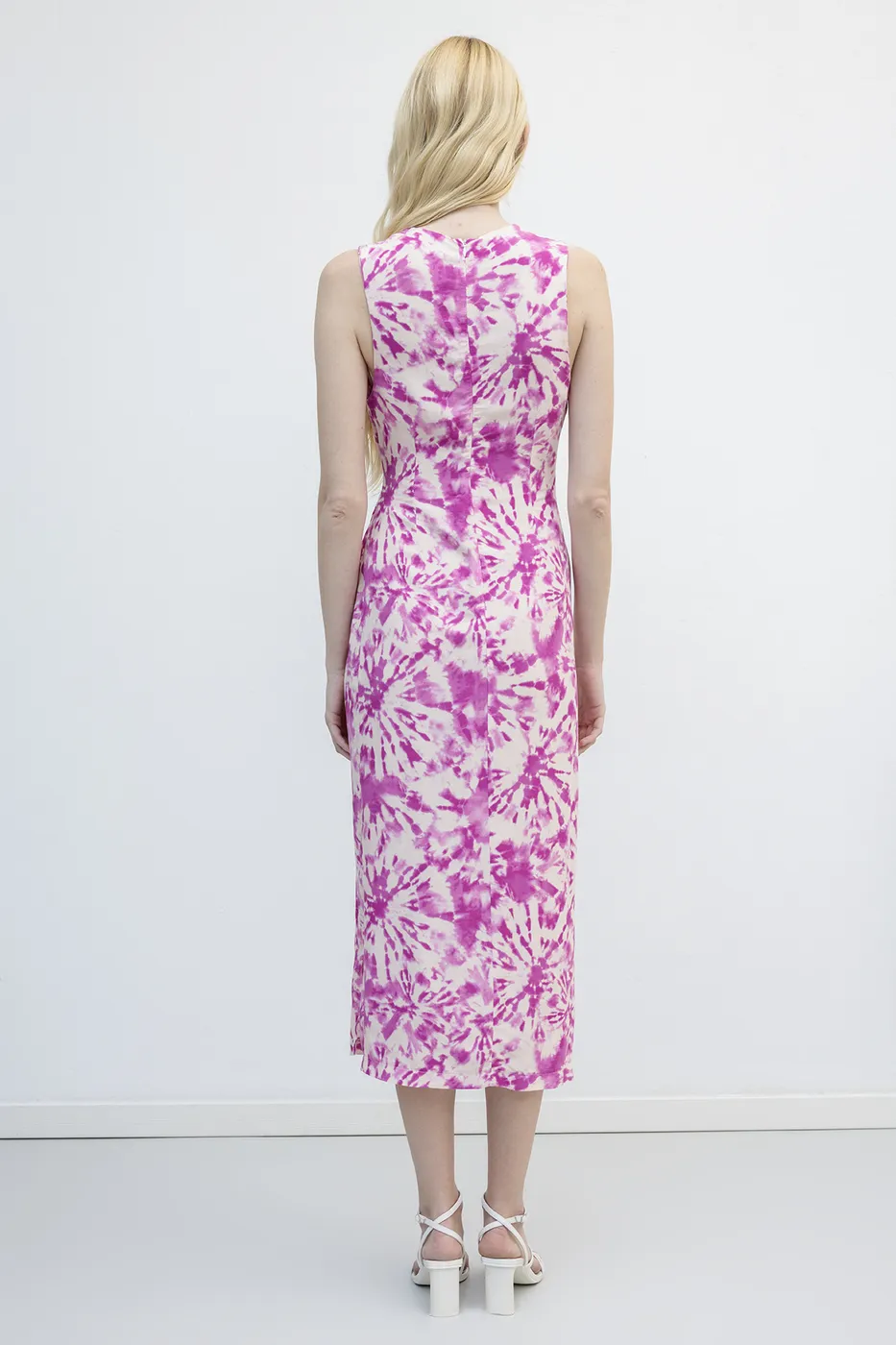 Bayan Pembe Keten Karışımlı Drape Detaylı Midi Elbise