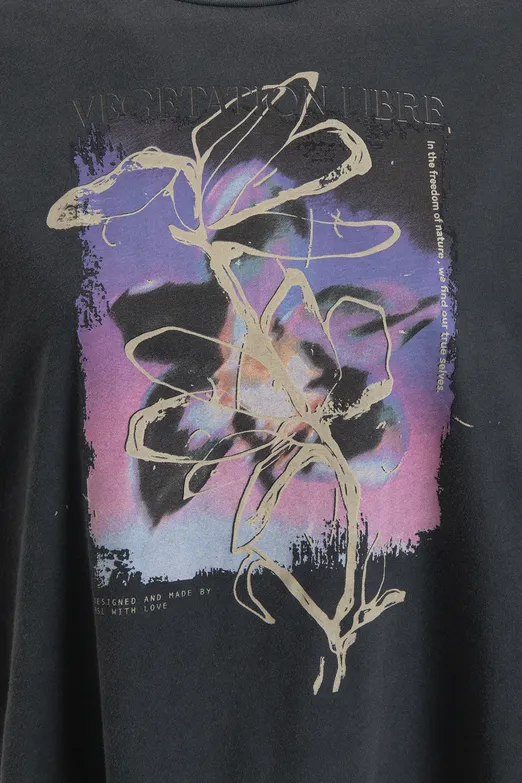 Bayan Antrasit Baskılı Oversize Tshirt - BSL