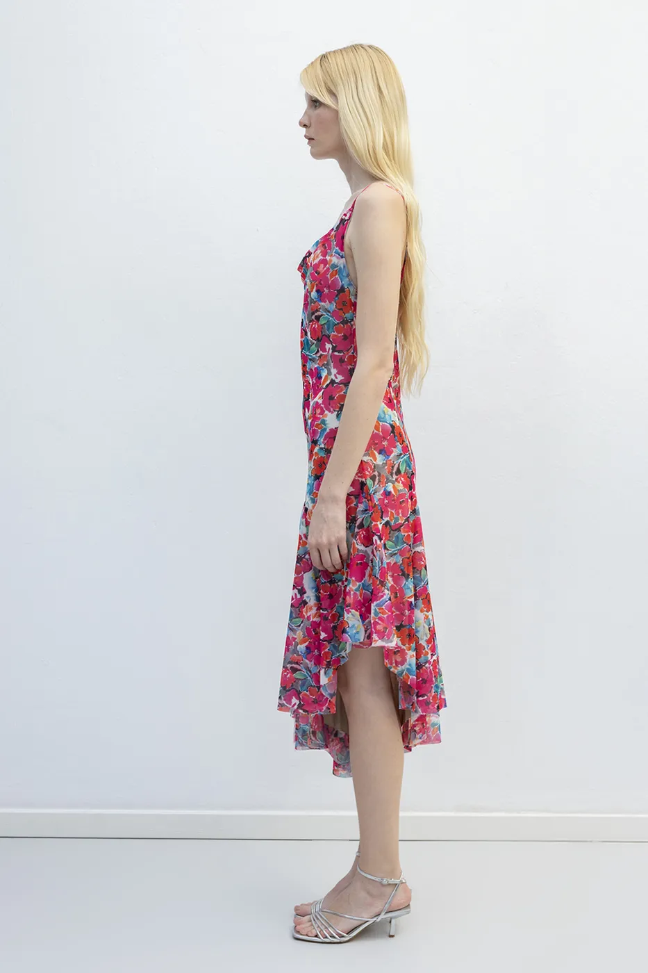 Bayan Pembe Asimetrik Etek Detaylı Midi Elbise