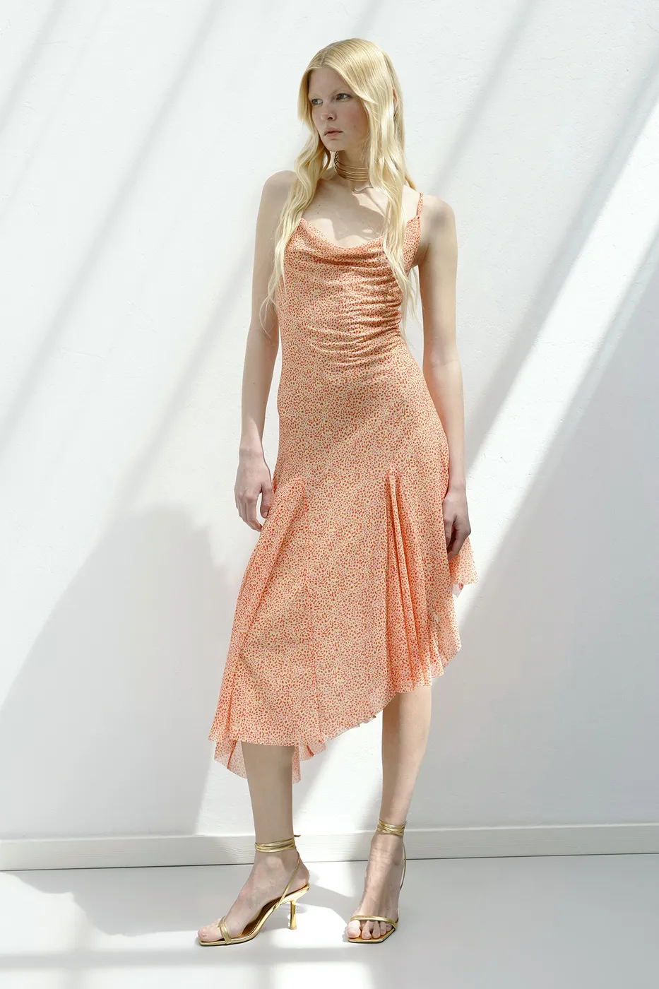 Bayan Somon Asimetrik Etek Detaylı Midi Elbise