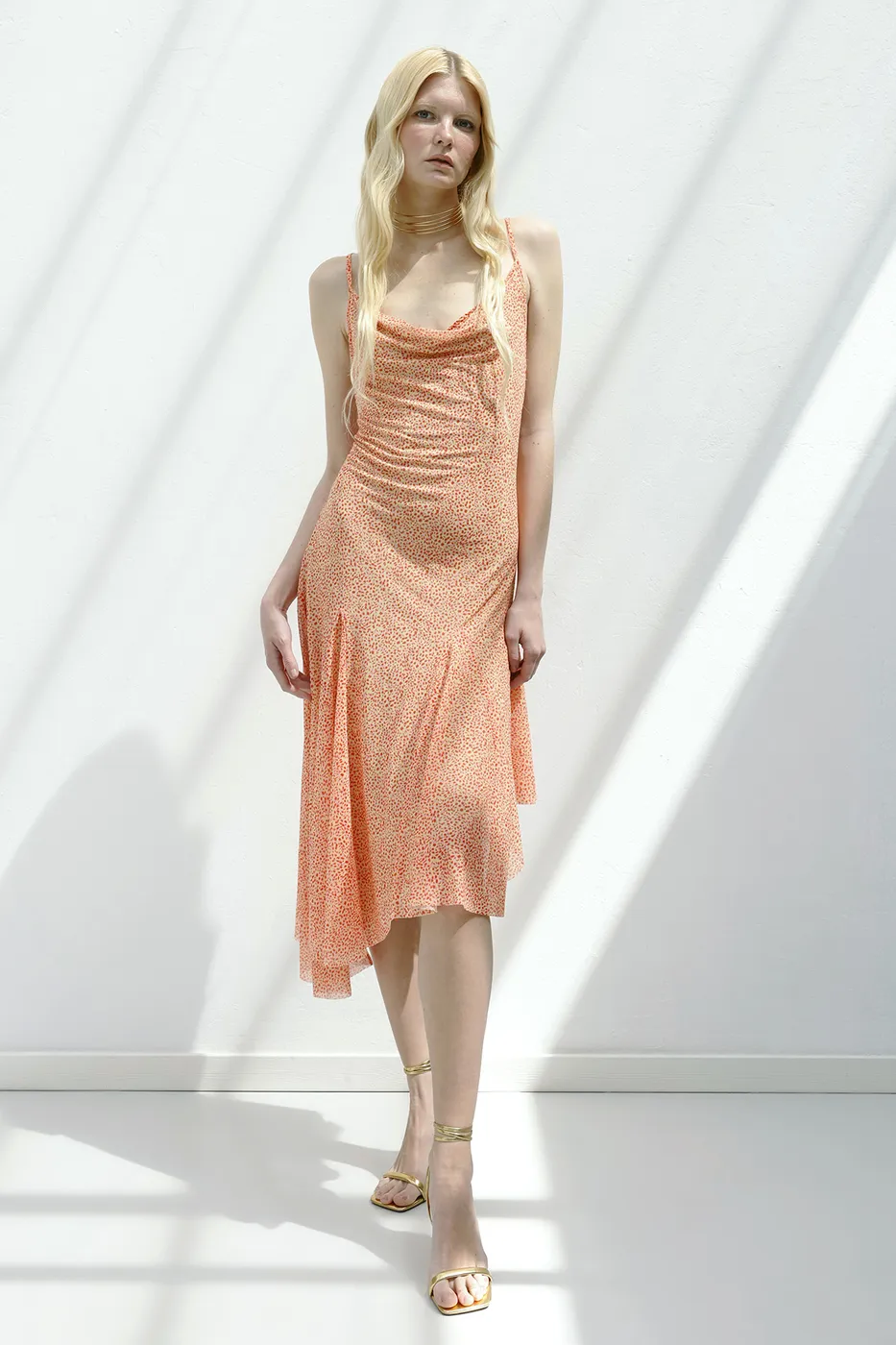 Bayan Somon Asimetrik Etek Detaylı Midi Elbise