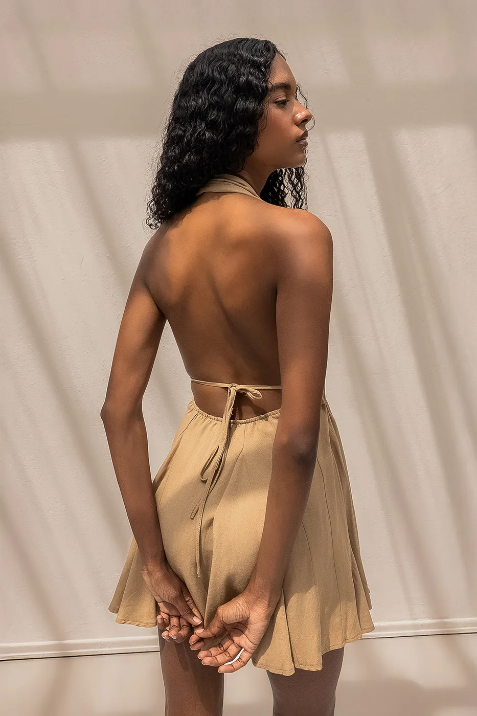 Bayan Camel Volanlı Etek Detaylı Keten Mini Elbise