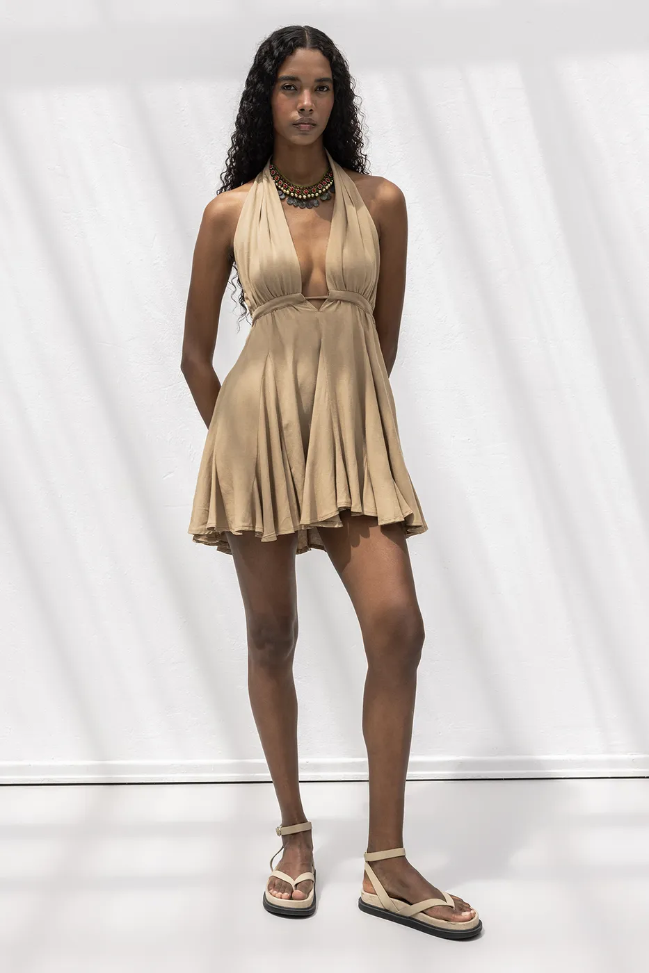 Bayan Camel Volanlı Etek Detaylı Keten Mini Elbise