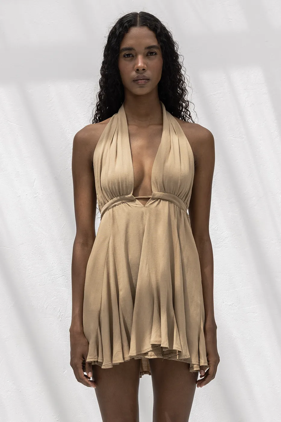 Bayan Camel Volanlı Etek Detaylı Keten Mini Elbise