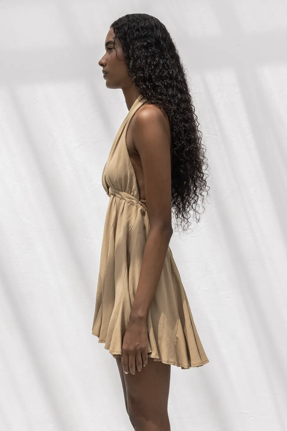 Bayan Camel Volanlı Etek Detaylı Keten Mini Elbise