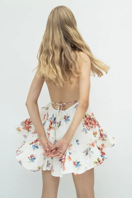 Bayan Ekru Volanlı Etek Detaylı Keten Mini Elbise - BSL