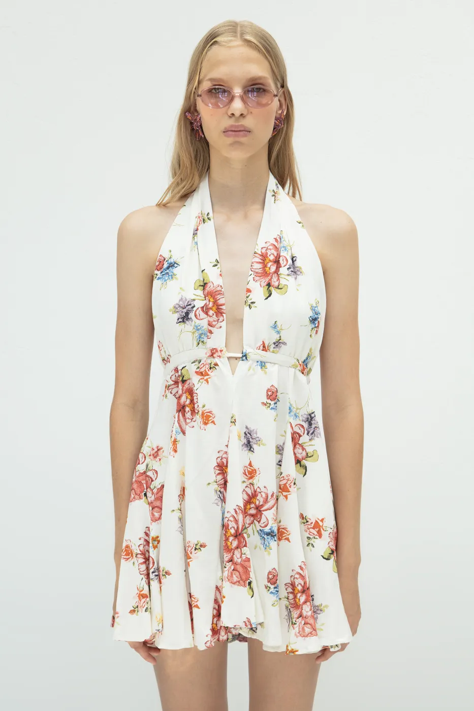 Bayan Ekru Volanlı Etek Detaylı Keten Mini Elbise