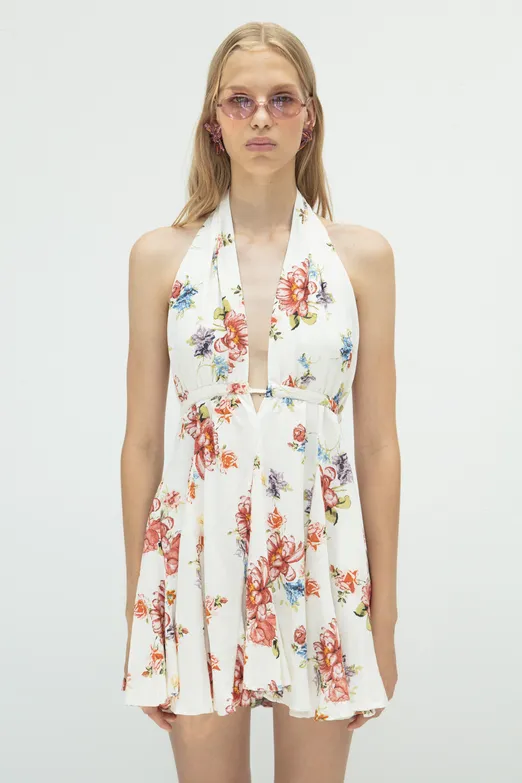 Bayan Ekru Volanlı Etek Detaylı Keten Mini Elbise - BSL