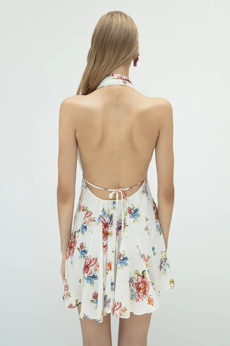 Bayan Ekru Volanlı Etek Detaylı Keten Mini Elbise