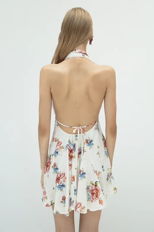 Bayan Ekru Volanlı Etek Detaylı Keten Mini Elbise - BSL