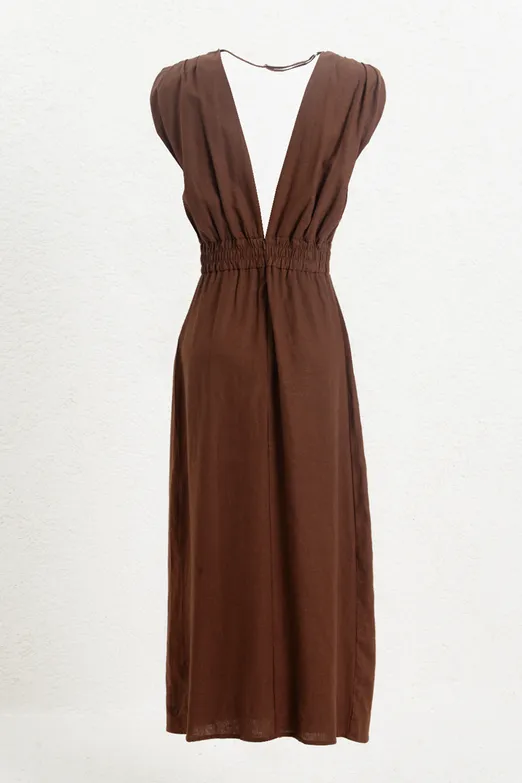 Bayan Kahverengi Keten Karışımlı Midi Boy Elbise - BSL