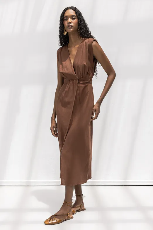 Bayan Kahverengi Keten Karışımlı Midi Boy Elbise - BSL