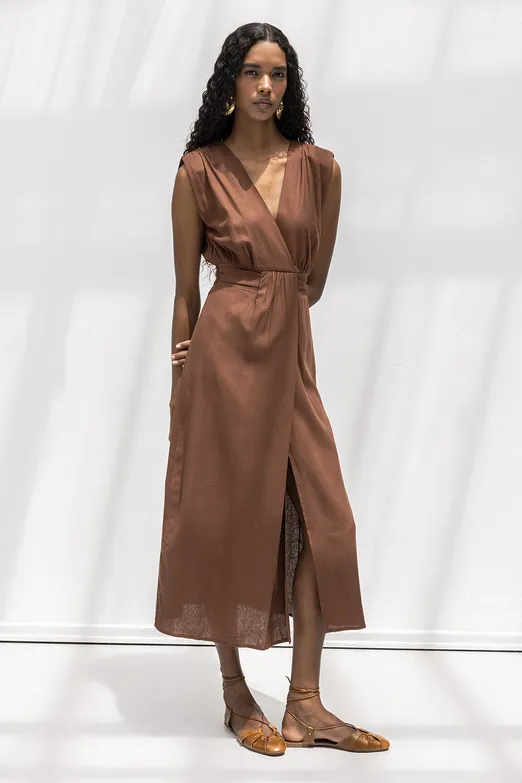 Bayan Kahverengi Keten Karışımlı Midi Boy Elbise - BSL