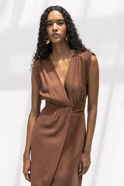 Bayan Kahverengi Keten Karışımlı Midi Boy Elbise - BSL