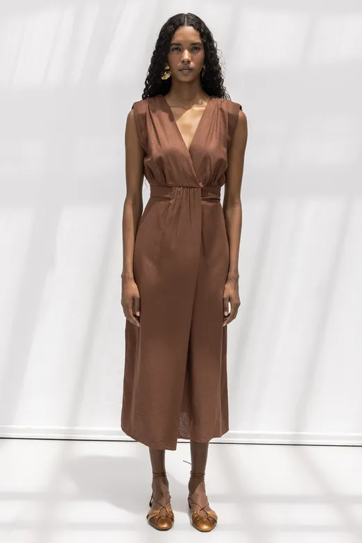 Bayan Kahverengi Keten Karışımlı Midi Boy Elbise - BSL