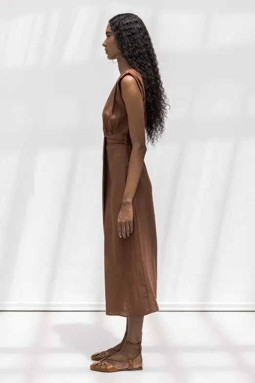 Bayan Kahverengi Keten Karışımlı Midi Boy Elbise - BSL