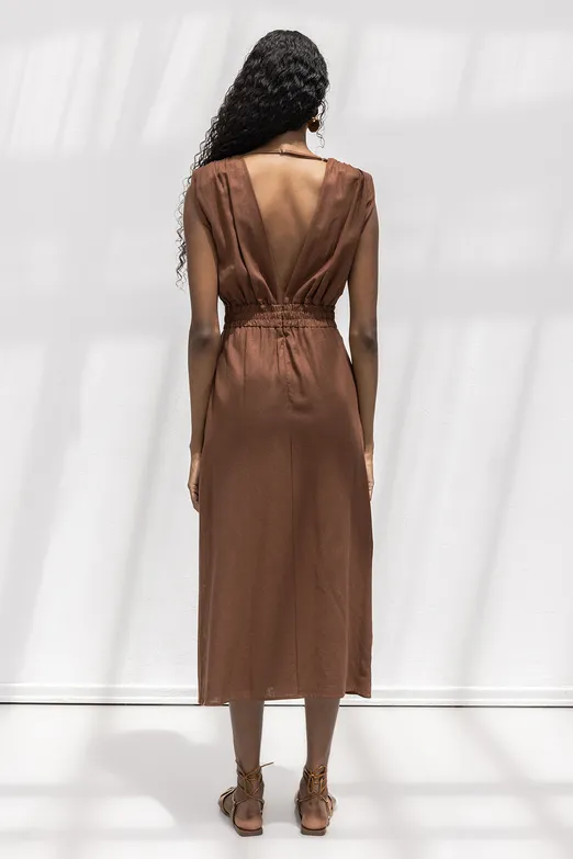 Bayan Kahverengi Keten Karışımlı Midi Boy Elbise - BSL