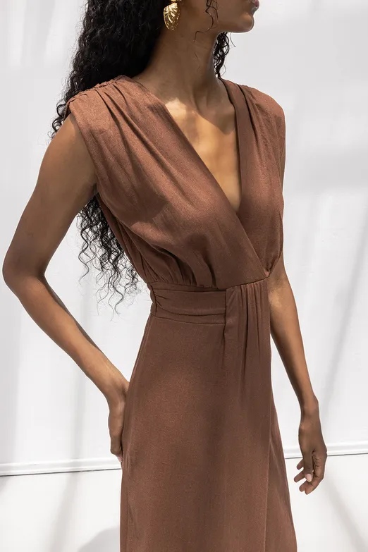 Bayan Kahverengi Keten Karışımlı Midi Boy Elbise - BSL