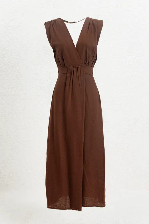 Bayan Kahverengi Keten Karışımlı Midi Boy Elbise - BSL