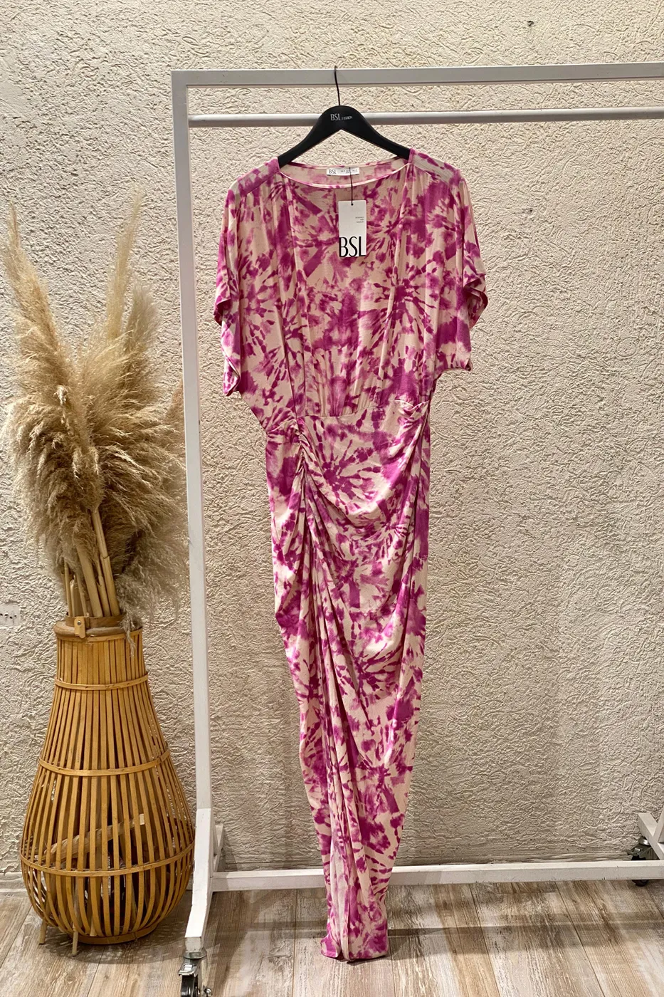 Bayan Pembe Drapeli Midi Boy Keten Karışımlı Elbise