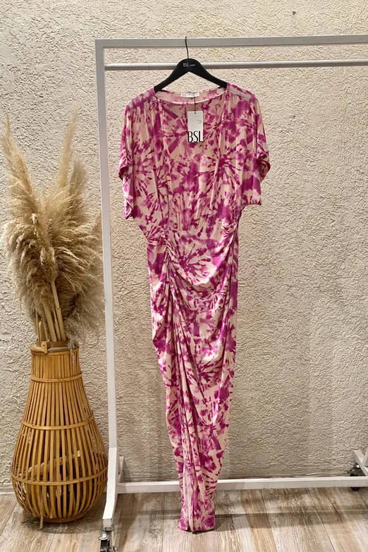 Bayan Pembe Drapeli Midi Boy Keten Karışımlı Elbise - BSL