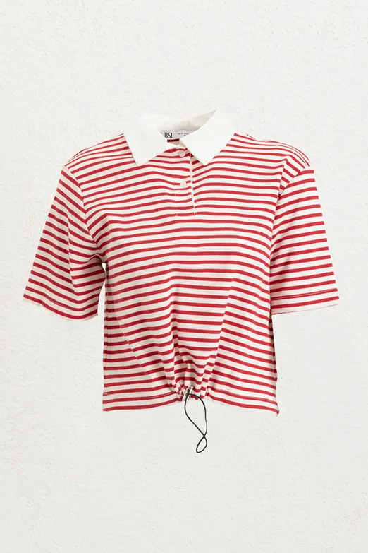 Bayan Kırmızı Polo Yaka Çizgili Balon Tshirt - BSL