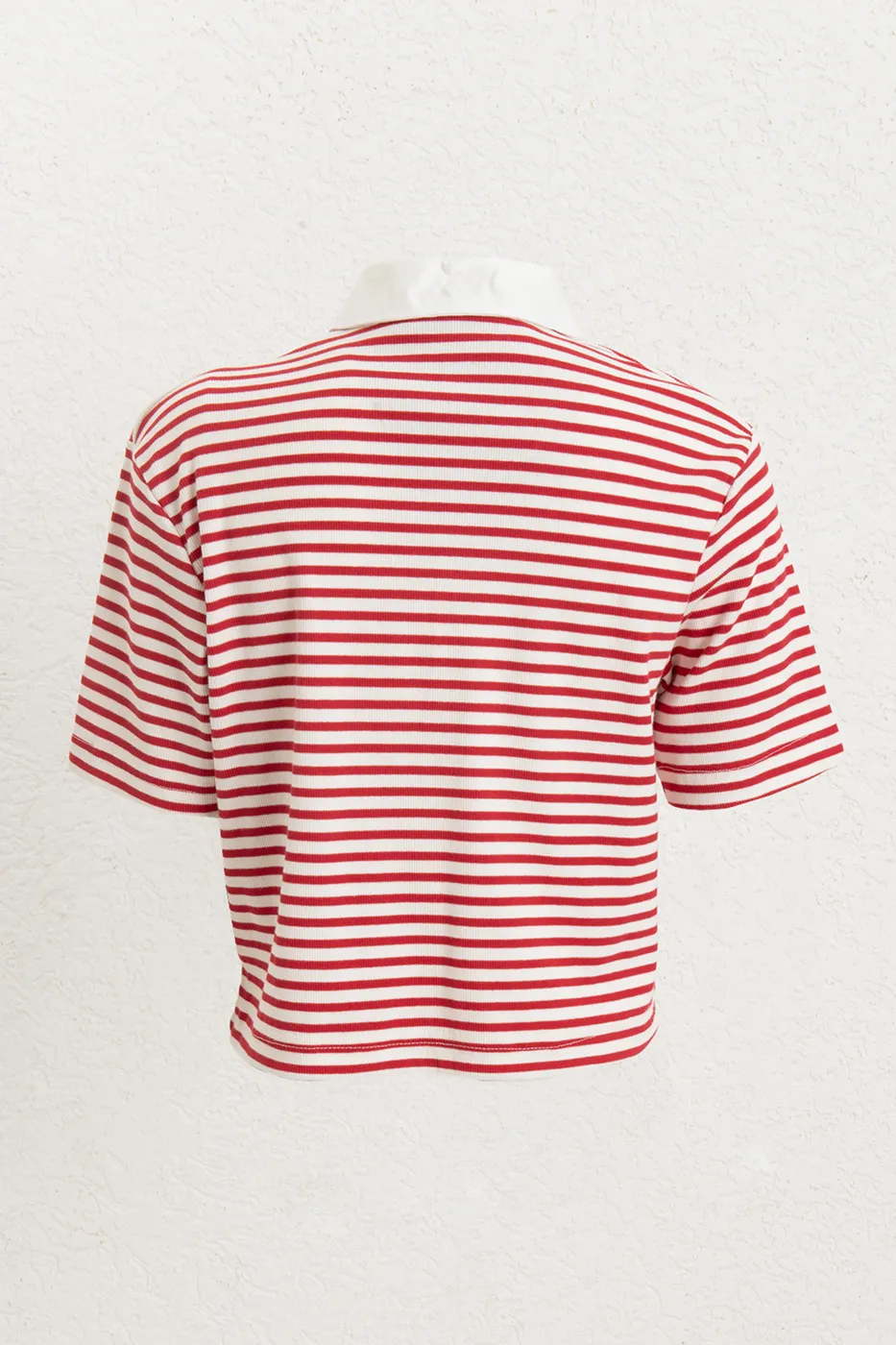 Bayan Kırmızı Polo Yaka Çizgili Balon Tshirt