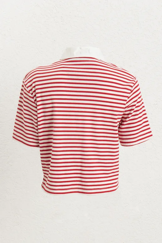 Bayan Kırmızı Polo Yaka Çizgili Balon Tshirt - BSL