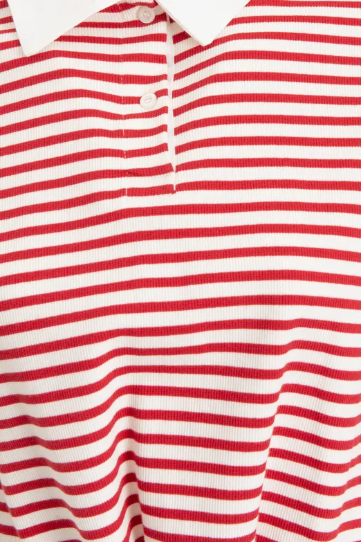 Bayan Kırmızı Polo Yaka Çizgili Balon Tshirt - BSL