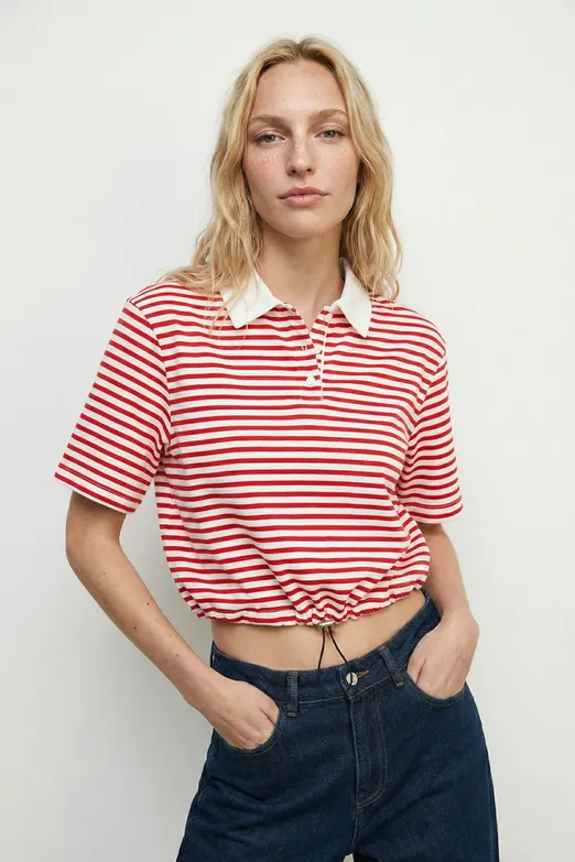 Bayan Kırmızı Polo Yaka Çizgili Balon Tshirt - BSL