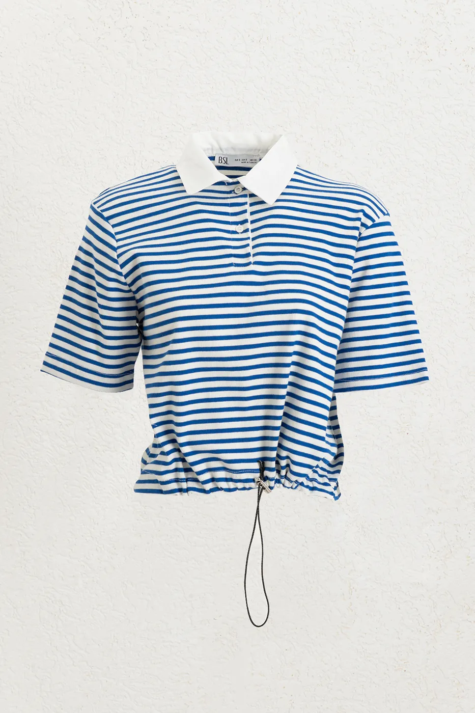 Bayan Mavi Polo Yaka Çizgili Balon Tshirt