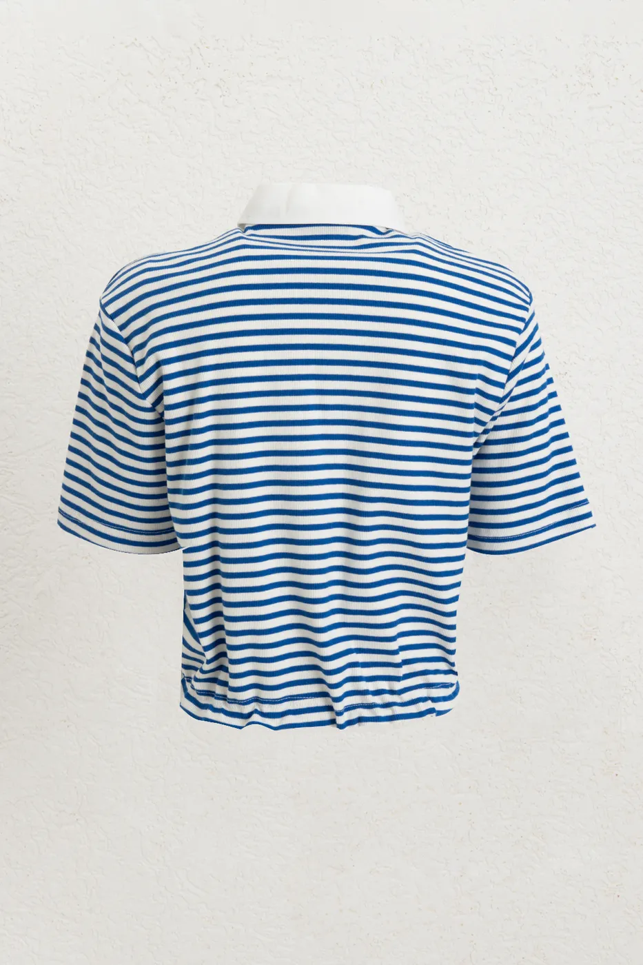 Bayan Mavi Polo Yaka Çizgili Balon Tshirt